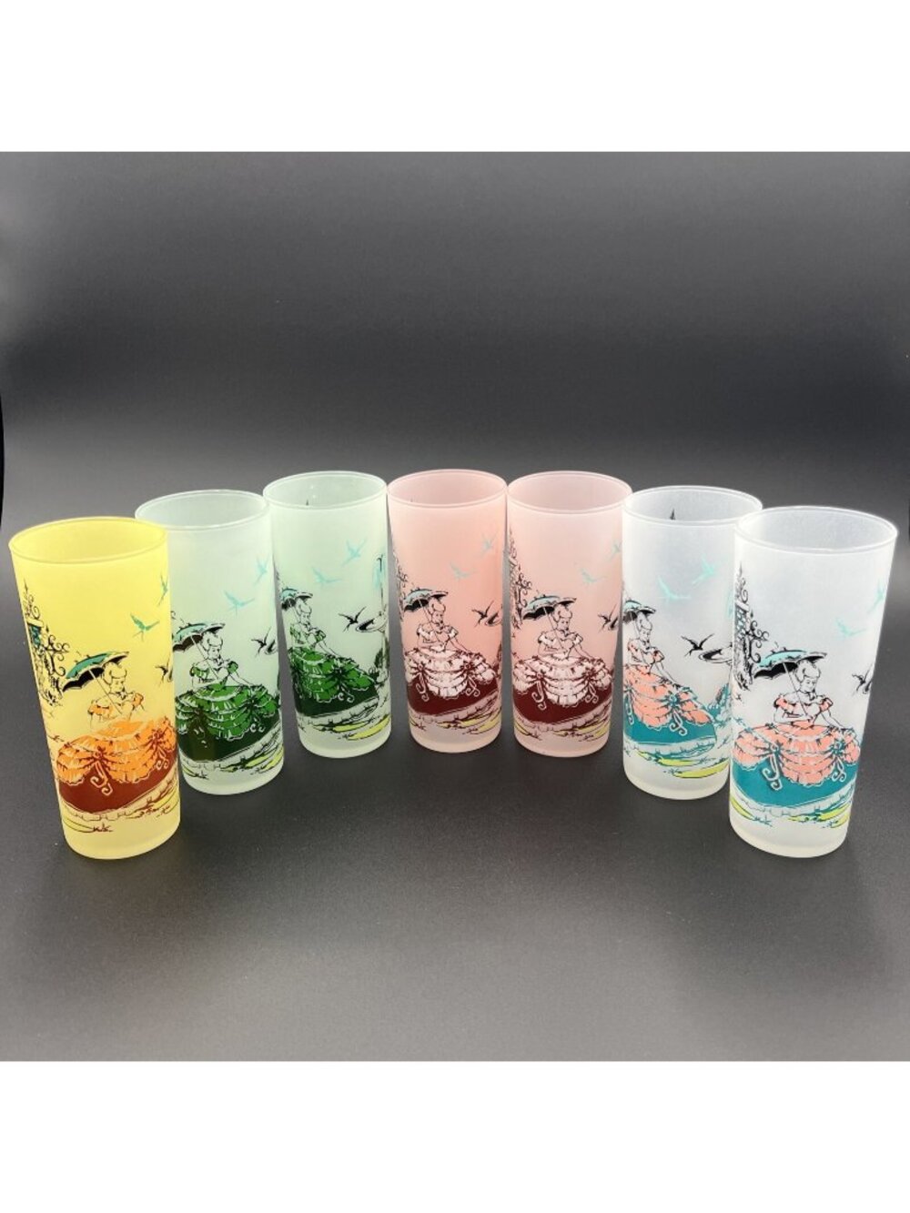 1950's ANCHOR HOCKING Southern Bell 7 Colorful Pastel Sweet Tea Cocktail Glasses